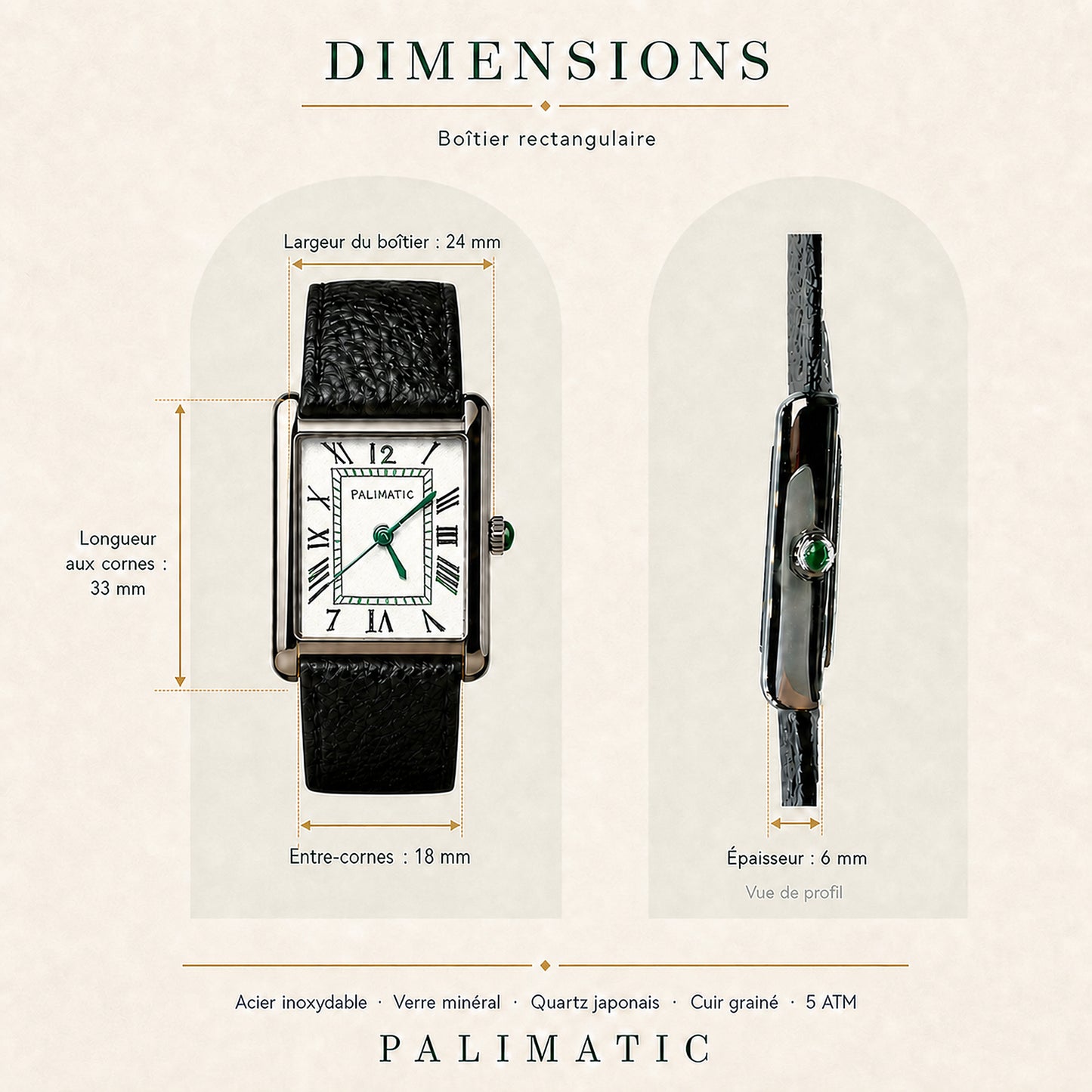 Dimensions montre carrée PALIMATIC Il Primo, 24 x 33 mm