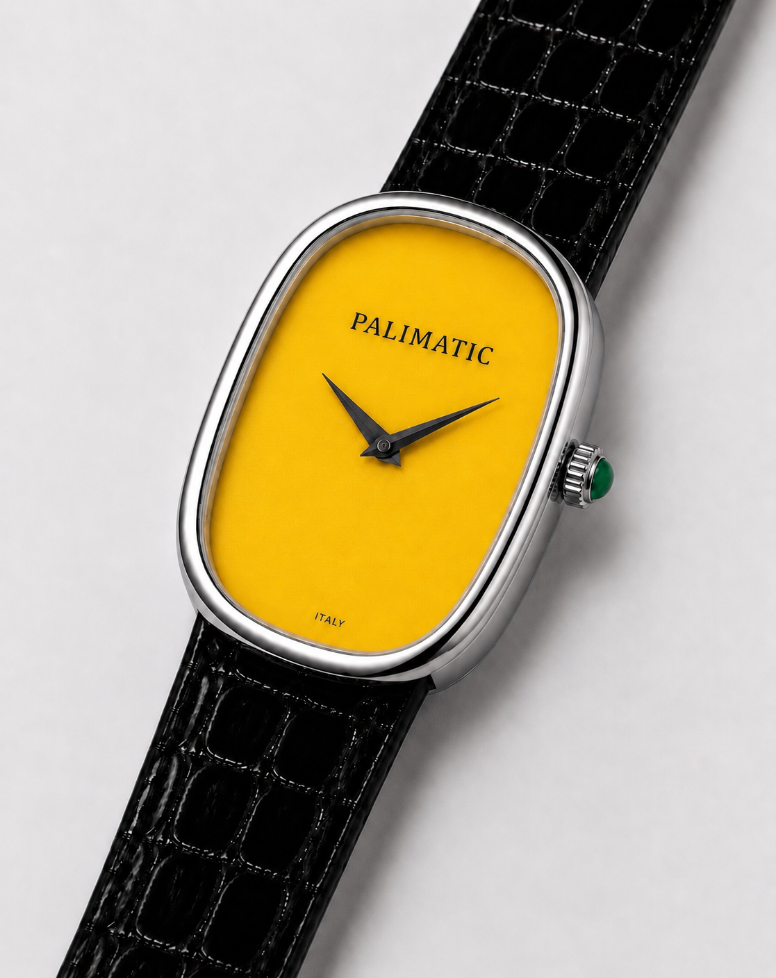 Montre ovale PALIMATIC Ovalissimo giallo, vue inclinée