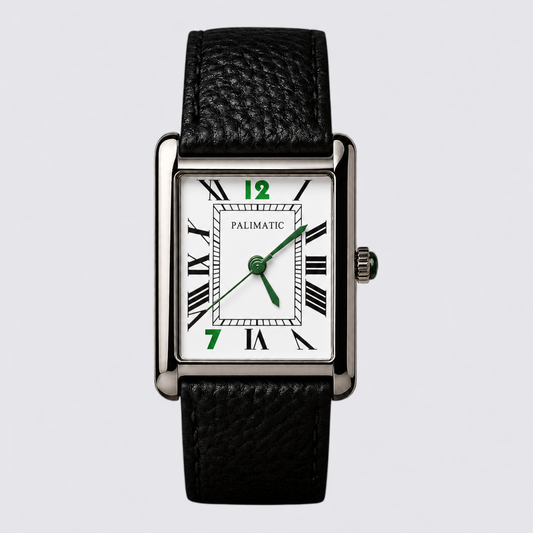 Montre carrée PALIMATIC Il Primo green blanc, vue de face

