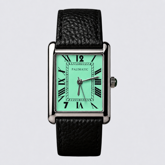 Montre carrée PALIMATIC cielo  sempre piu blu cadran turquoise, vue de face
