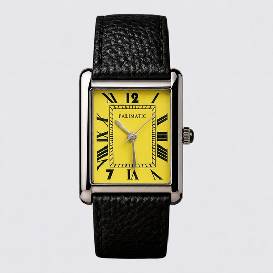 Montre carrée PALIMATIC mostardino cadran moutarde, vue de face
