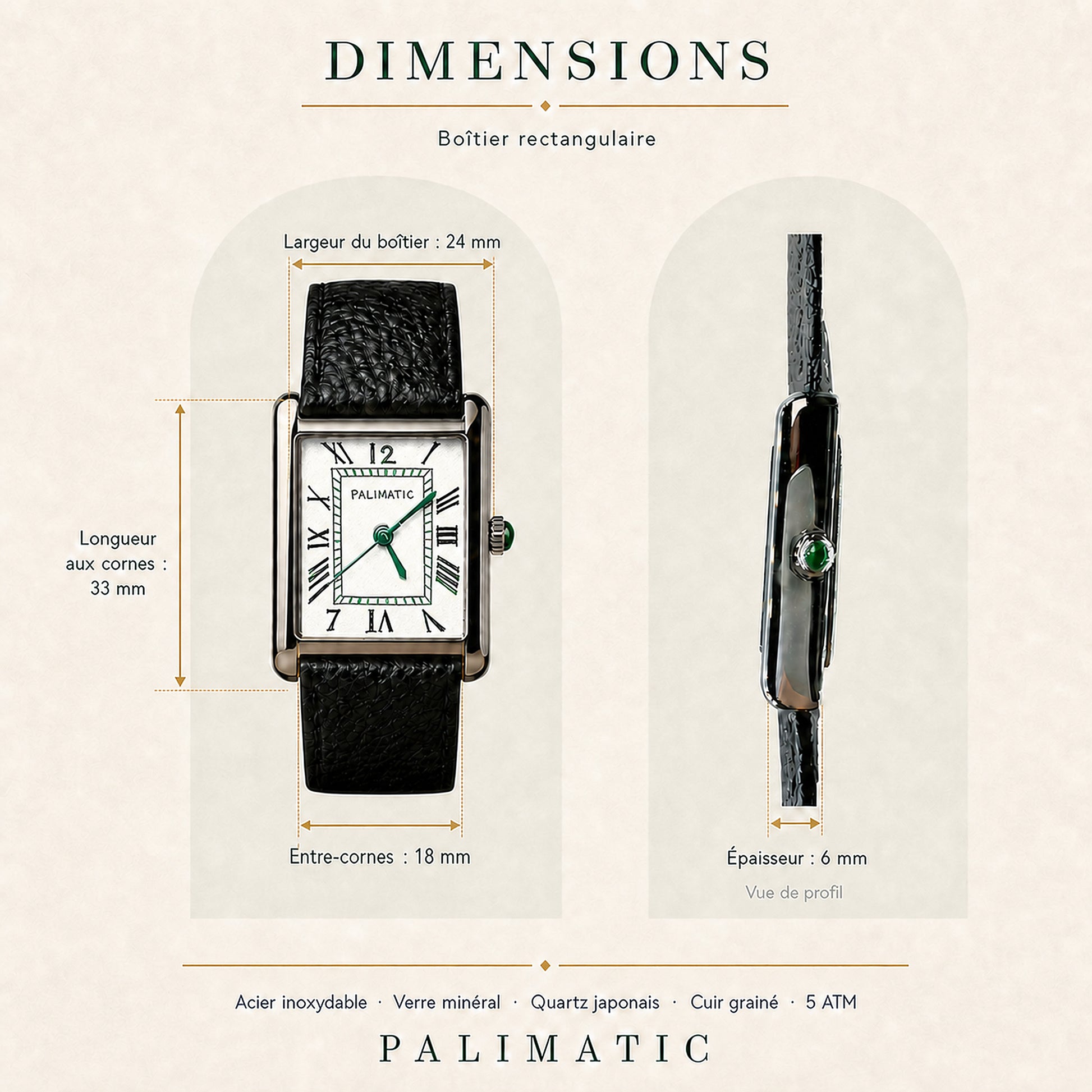 Dimensions montre carrée PALIMATIC Il Primo, 24 x 33 mm

